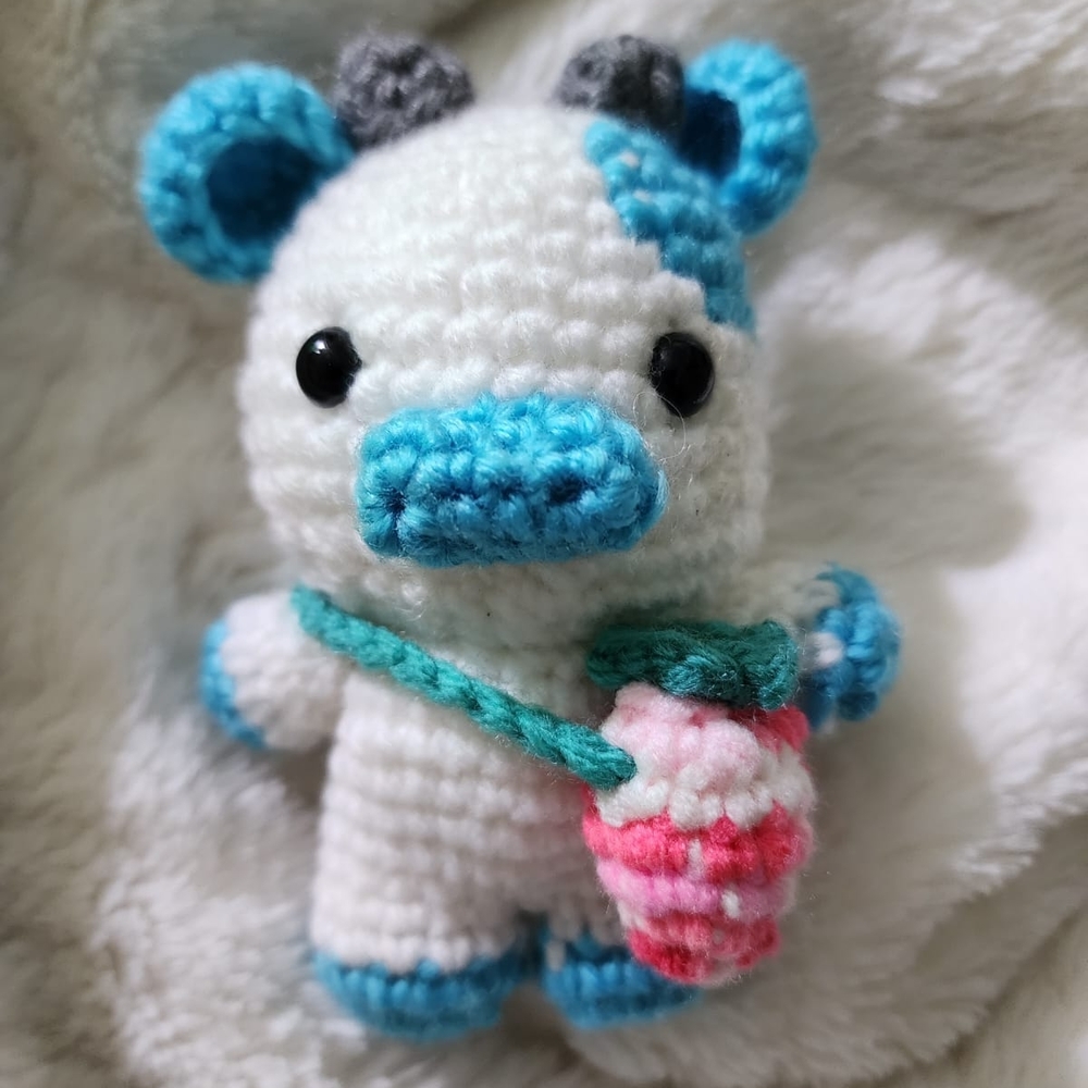 Handmade Blue and White Crochet Cow Toy